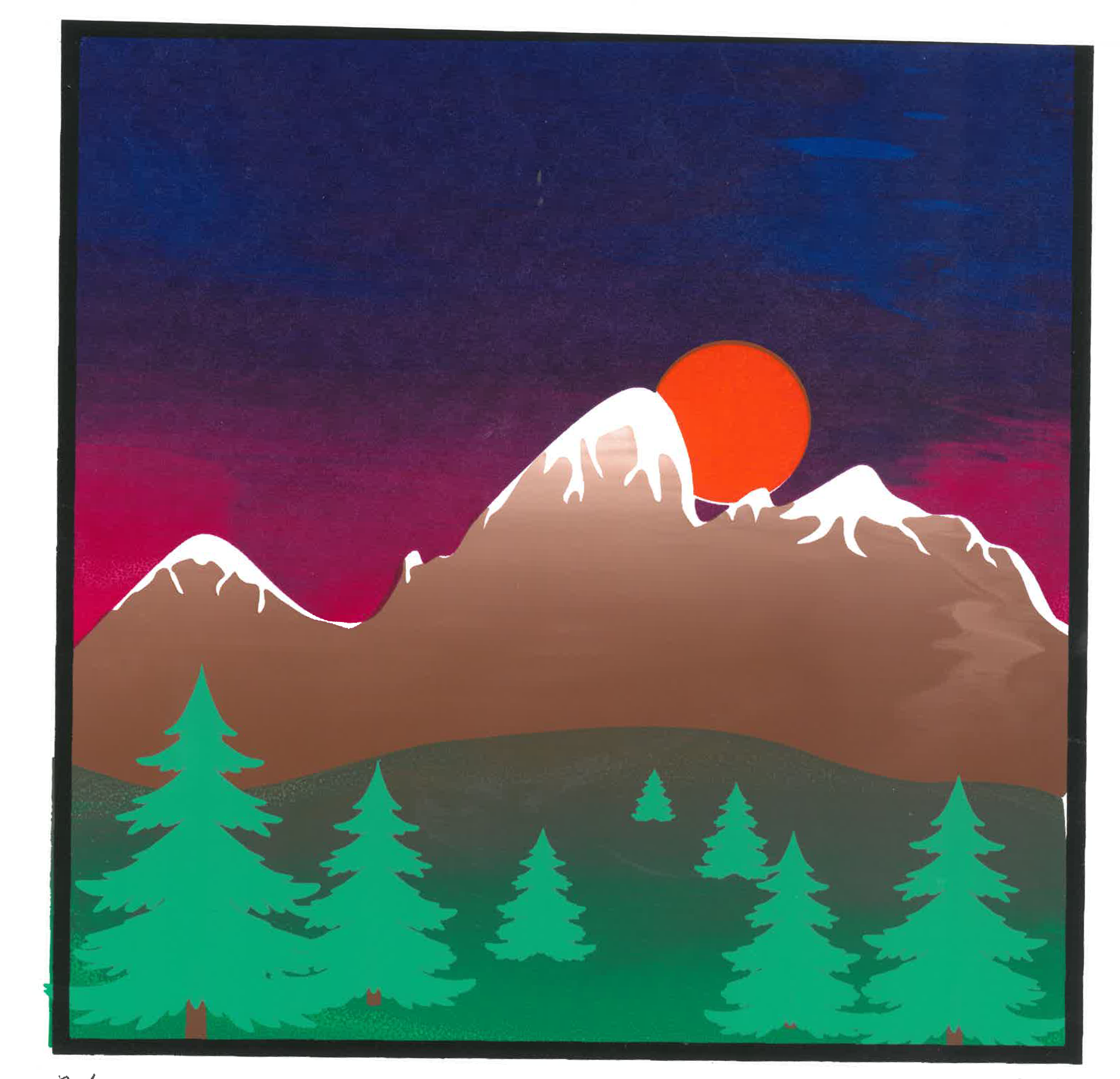 A silk-screen print of mountains with the sun setting on paper